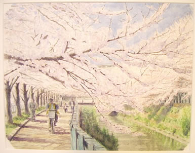 川べりの桜並木を描いた絵