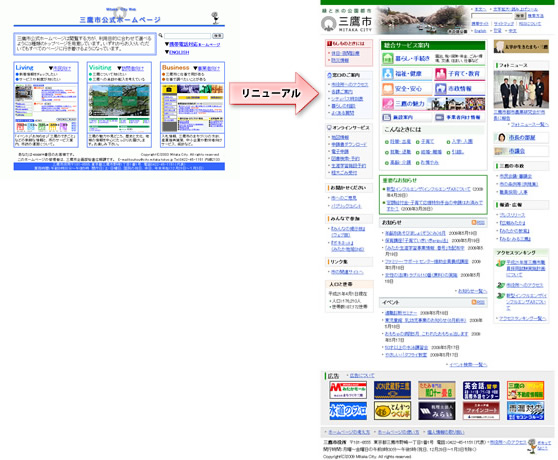 利用者別に3つの入口を設けたスリートップと呼ぶ旧トップページと、リニューアル後のトップページ